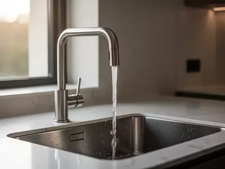Ein moderner Wasserhahn in einer minimalistischen Küche, aus dem ein feiner Wasserstrahl in ein Edelstahlbecken fließt. - Foto: über boerse-global.de