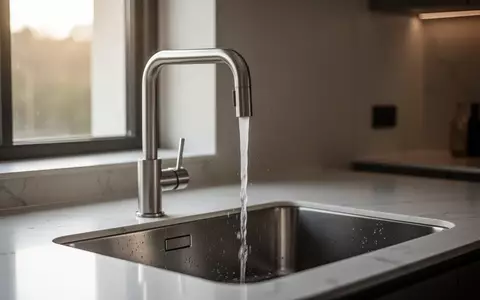 Ein moderner Wasserhahn in einer minimalistischen Küche, aus dem ein feiner Wasserstrahl in ein Edelstahlbecken fließt. - Foto: über boerse-global.de