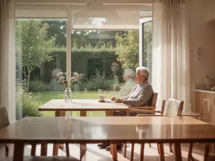 Ein älterer Mensch sitzt in einem hellen, modern eingerichteten Pflegeheim an einem Fenster mit Blick in einen Garten. - Foto: über boerse-global.de