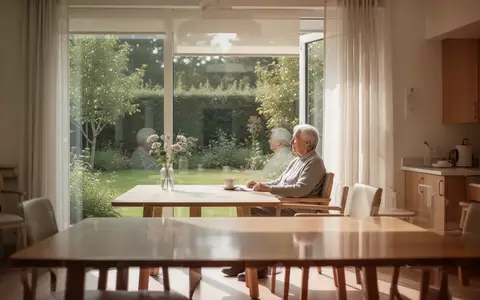 Ein älterer Mensch sitzt in einem hellen, modern eingerichteten Pflegeheim an einem Fenster mit Blick in einen Garten. - Foto: über boerse-global.de