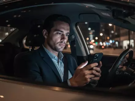 Ein Fahrer sitzt nachdenklich in seinem Auto und blickt auf sein Smartphone in einer nächtlichen städtischen Umgebung. - Foto: über boerse-global.de