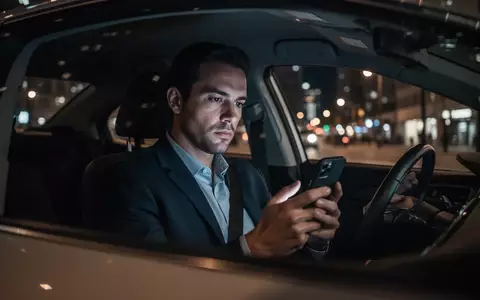 Ein Fahrer sitzt nachdenklich in seinem Auto und blickt auf sein Smartphone in einer nächtlichen städtischen Umgebung. - Foto: über boerse-global.de