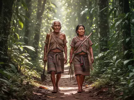 Ein älteres indigenes Paar geht gemeinsam auf einem schmalen Pfad durch den bolivianischen Regenwald. - Foto: über boerse-global.de