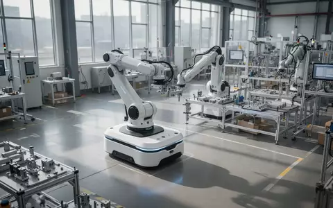 Autonomous white robot operating in a modern, brightly lit industrial production facility. - Foto: über boerse-global.de