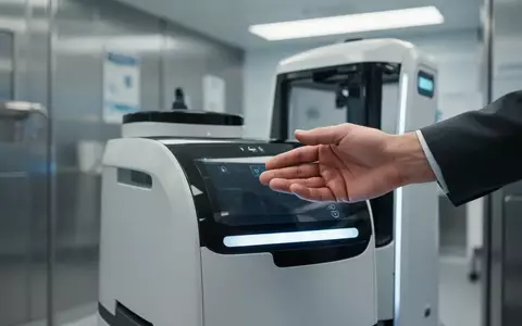 Eine Nahaufnahme einer Hand, die mit einem modernen Lieferroboter interagiert, um eine sichere Verifizierung darzustellen. - Foto: über boerse-global.de