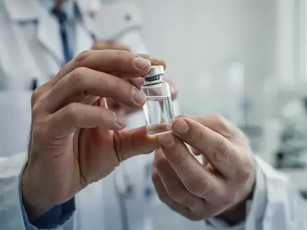 Eine medizinische Fachkraft in einem Labor hält ein kleines Glasfläschchen mit einer klaren Flüssigkeit. - Foto: über boerse-global.de