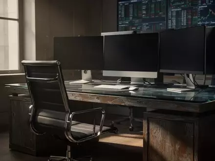 Ein leerer, professioneller Arbeitsplatz in einem modernen Büro mit gedimmter Beleuchtung. - Foto: über boerse-global.de