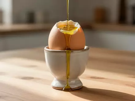 Ein weichgekochtes Ei im Eierbecher, das mit hochwertigem Olivenöl betrĂ€ufelt wurde, in einer hellen, minimalistischen KĂŒche. - Foto: ĂŒber boerse-global.de