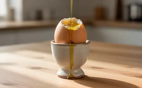 Ein weichgekochtes Ei im Eierbecher, das mit hochwertigem Olivenöl beträufelt wurde, in einer hellen, minimalistischen Küche. - Foto: über boerse-global.de