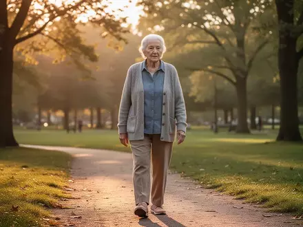 Eine ältere Person beim entspannten Gehen in einem sonnigen Park als Symbol für einen gesunden Lebensstil. - Foto: über boerse-global.de
