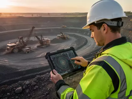 Ein Geologe in Schutzkleidung prüft bei Sonnenuntergang auf einem Tablet Daten in einem großflächigen Tagebau. - Foto: über boerse-global.de