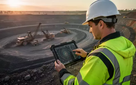 Ein Geologe in Schutzkleidung prüft bei Sonnenuntergang auf einem Tablet Daten in einem großflächigen Tagebau. - Foto: über boerse-global.de