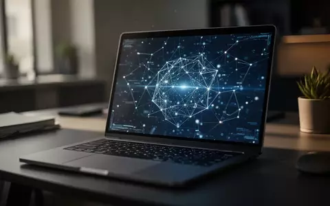 Ein moderner Laptop in einem dunklen Büro, der eine abstrakte digitale Netzwerkschnittstelle auf dem Bildschirm zeigt. - Foto: über boerse-global.de