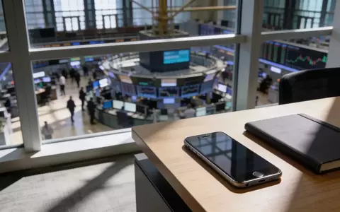 Ein minimalistischer, moderner Büroarbeitsplatz mit natürlichem Lichteinfall und Blick auf eine verschwommene Börsenumgebung. - Foto: über boerse-global.de