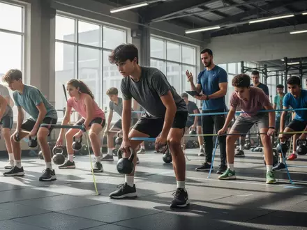 Eine Gruppe Jugendlicher trainiert in einem modernen Fitnessstudio unter fachlicher Anleitung ihre Kraft und Stabilität. - Foto: über boerse-global.de