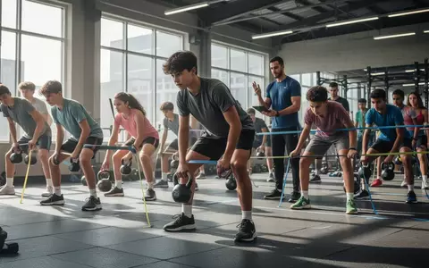 Eine Gruppe Jugendlicher trainiert in einem modernen Fitnessstudio unter fachlicher Anleitung ihre Kraft und Stabilität. - Foto: über boerse-global.de