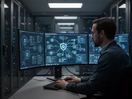Ein IT-Administrator arbeitet in einem modernen Serverraum an der Implementierung von Sicherheitseinstellungen an einem Computer. - Foto: über boerse-global.de