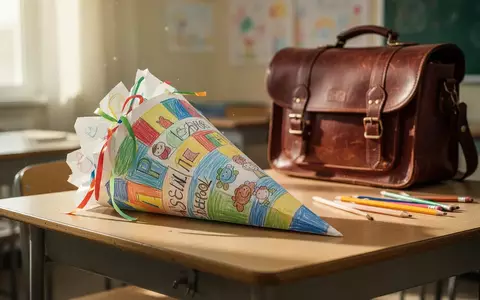 Eine handgefertigte Schultüte liegt auf einem hölzernen Schultisch neben einem Schulranzen in einem hellen Klassenzimmer. - Foto: über boerse-global.de