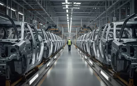 Leere Fertigungslinie in einem großen Automobilwerk mit industrieller Atmosphäre. - Foto: über boerse-global.de
