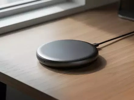 Ein magnetischer Wireless-Ladepuck liegt auf einem hölzernen Schreibtisch in hellem, natürlichem Licht. - Foto: über boerse-global.de
