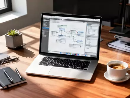 Ein moderner, aufgeräumter Arbeitsplatz mit einem Laptop, der komplexe Software-Diagramme zeigt, in natürlichem Licht. - Foto: über boerse-global.de