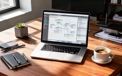 Ein moderner, aufgeräumter Arbeitsplatz mit einem Laptop, der komplexe Software-Diagramme zeigt, in natürlichem Licht. - Foto: über boerse-global.de