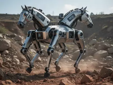 Ein vierbeiniger Roboter im Pferde-Design bei der Testfahrt in unwegsamem Gelände. - Foto: über boerse-global.de