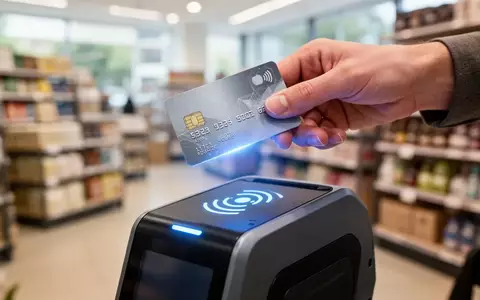 Eine Hand hält eine leuchtende Debitkarte über ein kontaktloses Bezahlterminal in einem Geschäft. - Foto: über boerse-global.de
