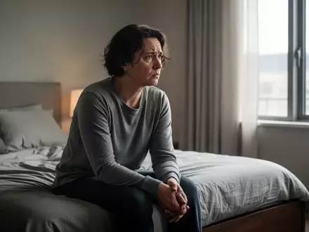 Eine erschöpfte Person sitzt nachdenklich am Bettrand in einem hellen Schlafzimmer. - Foto: über boerse-global.de