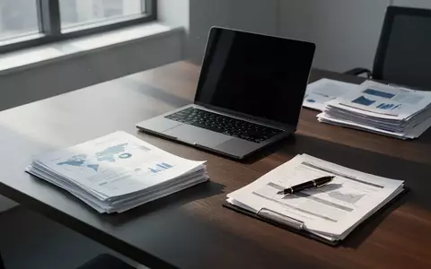 Ein minimalistischer Büroarbeitsplatz mit Laptop und Dokumenten auf einem dunklen Holztisch bei natürlichem Tageslicht. - Foto: über boerse-global.de