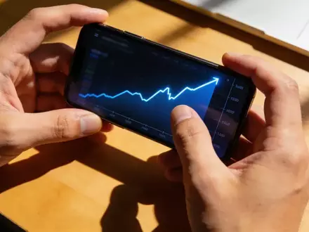 Nahaufnahme einer Person, die auf einem Smartphone einen steil ansteigenden Finanzchart betrachtet. - Foto: über boerse-global.de
