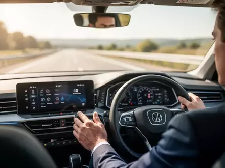Person am Steuer eines Autos, während auf dem Infotainment-Bildschirm im Hintergrund eine App-Oberfläche zu sehen ist. - Foto: über boerse-global.de