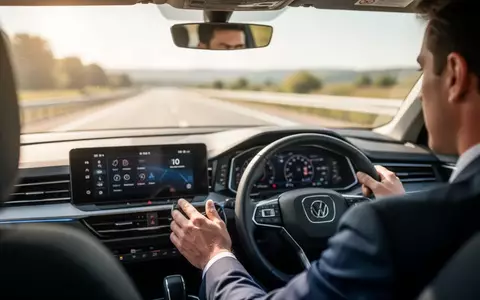 Person am Steuer eines Autos, während auf dem Infotainment-Bildschirm im Hintergrund eine App-Oberfläche zu sehen ist. - Foto: über boerse-global.de