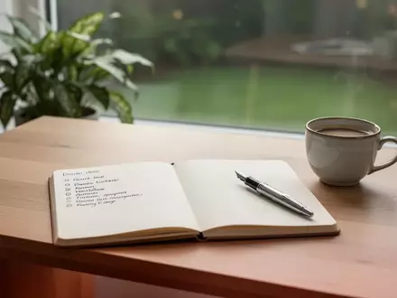 Ein aufgeräumter Schreibtisch mit einem Notizbuch für Aufgabenlisten, einer Kaffeetasse und einer Pflanze bei Tageslicht. - Foto: über boerse-global.de