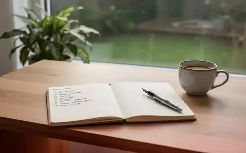 Ein aufgeräumter Schreibtisch mit einem Notizbuch für Aufgabenlisten, einer Kaffeetasse und einer Pflanze bei Tageslicht. - Foto: über boerse-global.de