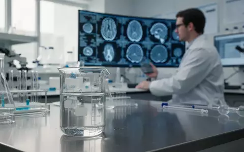 Ein wissenschaftliches Labor mit einem Becherglas auf einem Labortisch und einem Forscher, der Gehirnscans analysiert. - Foto: über boerse-global.de