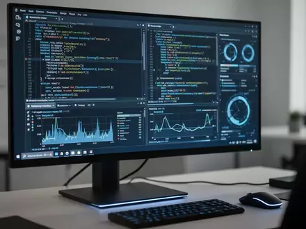 Ein moderner Computer-Arbeitsplatz mit einem Monitor, der Software-Code und System-Performance-Daten anzeigt. - Foto: über boerse-global.de