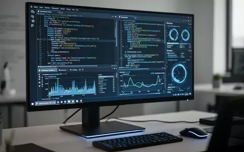 Ein moderner Computer-Arbeitsplatz mit einem Monitor, der Software-Code und System-Performance-Daten anzeigt. - Foto: über boerse-global.de