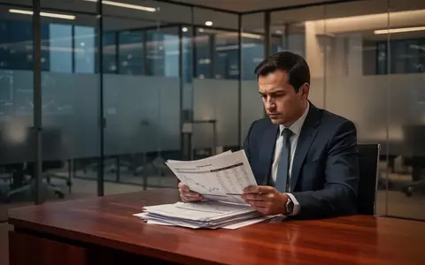 Ein Investor blickt nachdenklich auf Finanzdokumente an einem Schreibtisch in einem modernen Bürogebäude bei Dämmerung. - Foto: über boerse-global.de