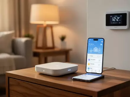 Ein minimalistisches Smart-Home-Gateway und ein Smartphone mit einer Steuerungs-App auf einem aufgeräumten Wohnzimmertisch. - Foto: über boerse-global.de