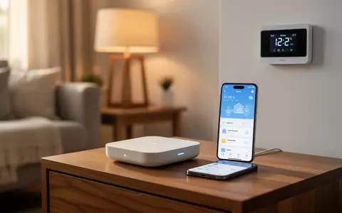 Ein minimalistisches Smart-Home-Gateway und ein Smartphone mit einer Steuerungs-App auf einem aufgeräumten Wohnzimmertisch. - Foto: über boerse-global.de