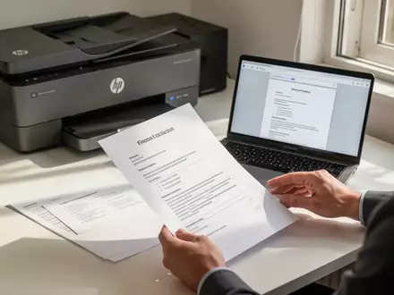 Ein moderner Schreibtisch mit einem HP-Drucker und einem ausgedruckten Dokument, das eine klare und saubere Formatierung zeigt. - Foto: über boerse-global.de
