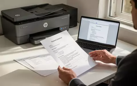 Ein moderner Schreibtisch mit einem HP-Drucker und einem ausgedruckten Dokument, das eine klare und saubere Formatierung zeigt. - Foto: über boerse-global.de