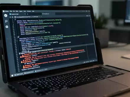 Ein Laptop-Bildschirm zeigt in einer dunklen Büroumgebung komplexe Codezeilen und Sicherheitswarnungen. - Foto: über boerse-global.de