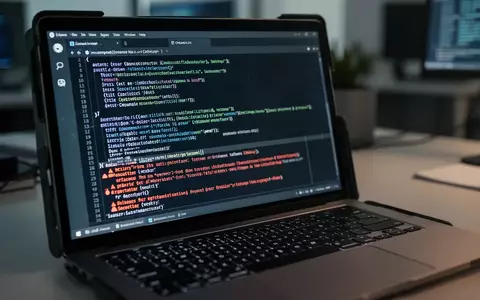 Ein Laptop-Bildschirm zeigt in einer dunklen Büroumgebung komplexe Codezeilen und Sicherheitswarnungen. - Foto: über boerse-global.de
