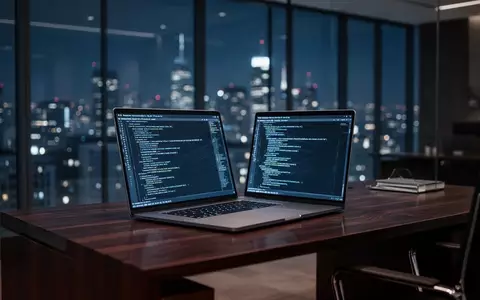 Ein moderner, abgedunkelter Büroarbeitsplatz mit einem Laptop vor einer nächtlichen Skyline. - Foto: über boerse-global.de