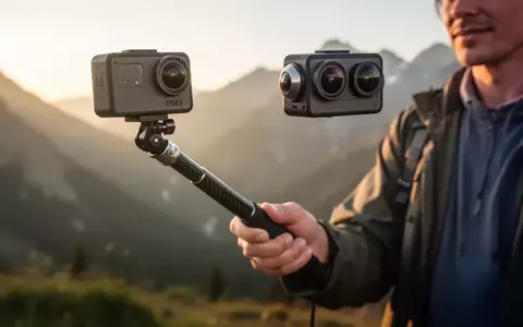 Eine 360-Grad-Actionkamera an einem Selfie-Stick vor einer Berglandschaft bei Sonnenuntergang. - Foto: über boerse-global.de