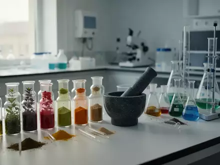 Laborausstattung mit verschiedenen Pflanzenextrakten und Messgeräten auf einem Labortisch. - Foto: über boerse-global.de
