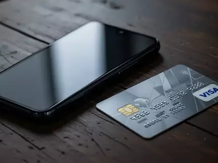 Ein modernes Android-Smartphone liegt neben einer Kreditkarte auf einem dunklen Holztisch, symbolisch für die NFC-Sicherheitsbedrohung. - Foto: über boerse-global.de