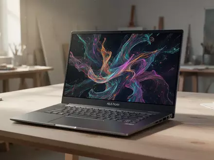 Ein ASUS ProArt Laptop auf einem minimalistischen Schreibtisch in einem hellen, kreativen Studio. - Foto: über boerse-global.de